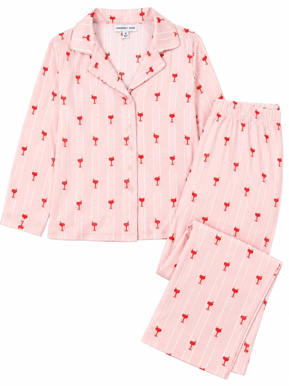 New - Sincerly Jules Pink Striped Cocktail Print Pajama Set | Size Medium